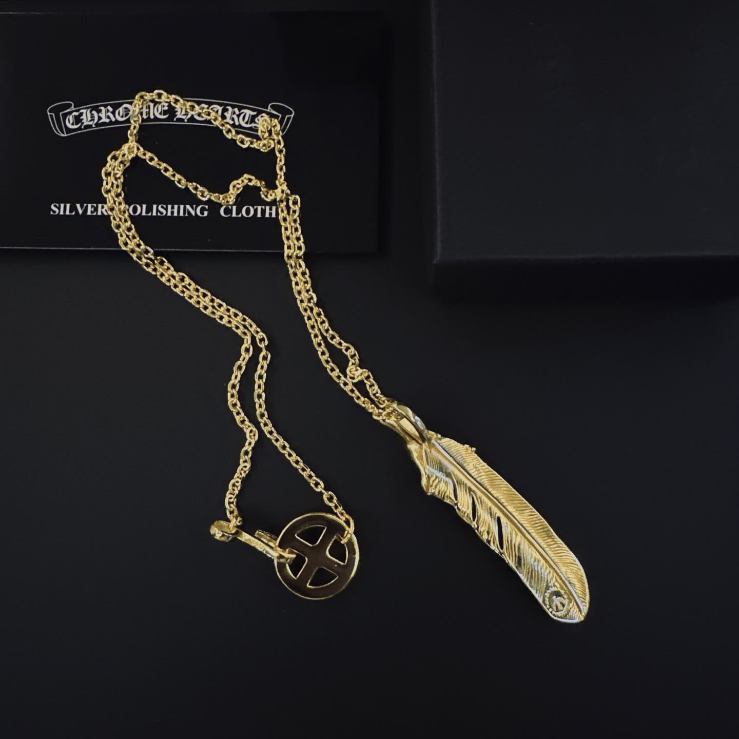 Chrome Hearts Gold Feather and Cross Pendant Necklace
